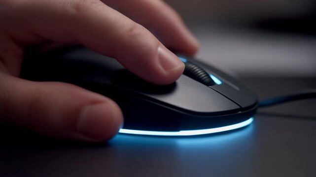 Cinematic shot of a hand double-clicking and single-clicking a modern mouse, capturing the movement and LED illumination.