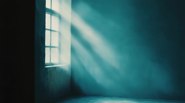 Dramatic light rays stream through an old window, casting bright beams across the dusty, dark empty room, creating a powerful sense of hope, escape, and solitude