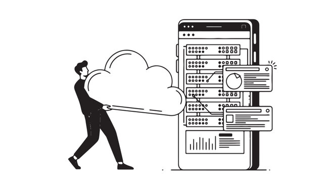 Man pulling cloud with data analytics and graphs on mobile phone screen