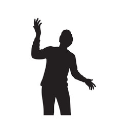 Silhouette man with open hands raising arm expressive pose looking up isolated white background conceptual graphic element