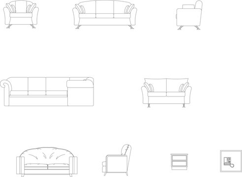 Technical vector illustration of various sofa designs in front and side elevation views, featuring modern and classic upholstered styles.
