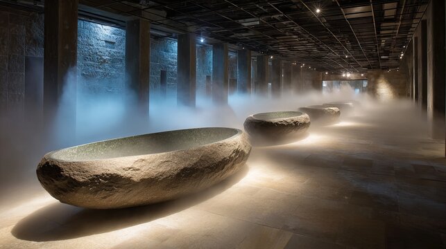 A dimly lit industrial space with large stone bowls and misty atmosphere
