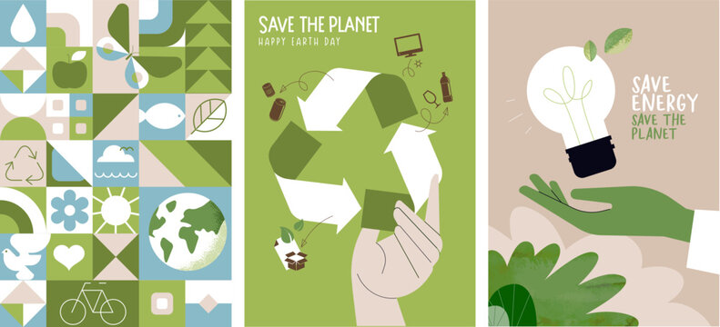Eco Friendly and Sustainability Vector Poster Set Recycling, Earth Day and Save Energy Concepts with Nature Icons