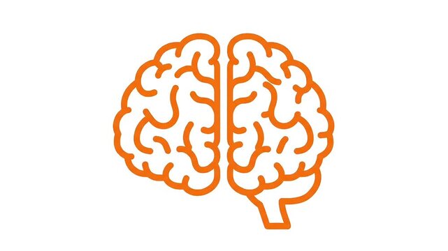 Simple orange outline of a human brain animation on a white background, symbolizing thought, intelligence, and medical concepts. 4k video