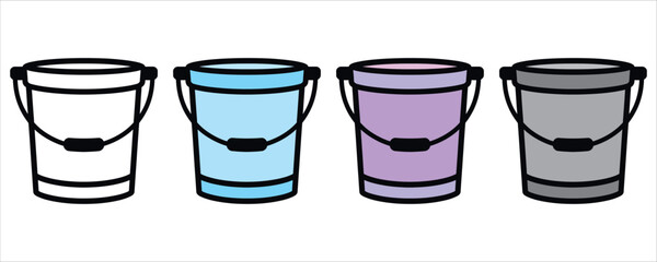 A vibrant line of four colorful buckets, perfect for various cleaning or gardening tasks © MdRakinMahtab