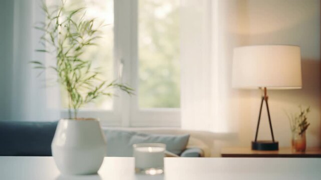 Potted green houseplant beside a white candle on a minimalist table, bathed in soft daylight from a large window for a calm, modern, bright interior scene