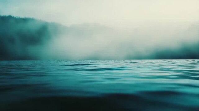 Fog blankets a calm body of water with distant blurred forest, creating an ethereal and tranquil atmospheric landscape, suggesting mystery and vastness