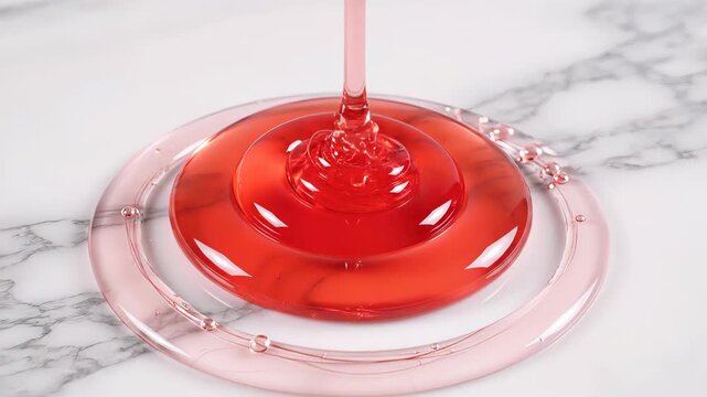 Viscous red transparent liquid pouring onto a marble surface, creating concentric circles in a satisfying and relaxing sensory experience perfect for skincare or cosmetic product demonstrations. ASMR
