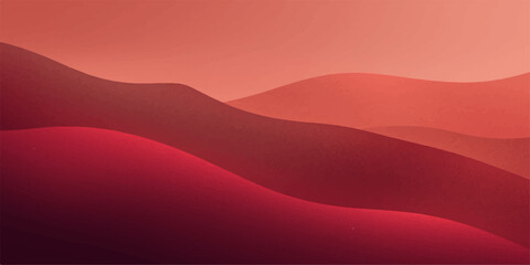 A vibrant landscape illustration of a red silk velvet mountain range under an orange sunset sky where desert sand waves meet a golden sunrise cloud design © Md