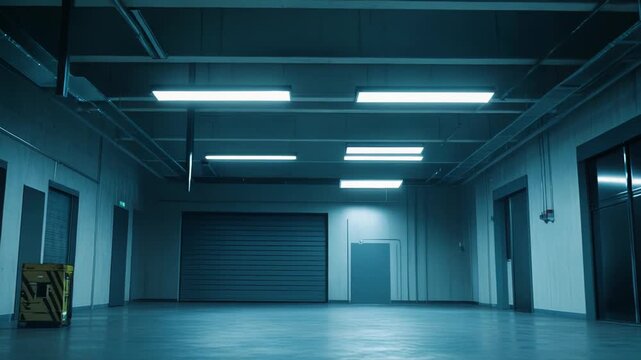 Large empty industrial interior with clean concrete floor. Bright fluorescent lighting. Exposed ceiling infrastructure and multiple shutter doors suggesting storage. Logistics and expansion potential