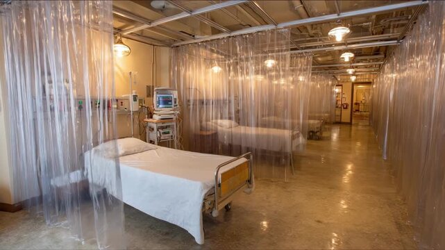 Medium shot of a single patient bay illuminated by overhead artificial lighting with vital signs monitor and bed in focus surrounded by indistinct curtain partitions.