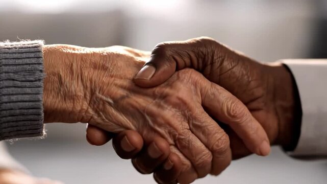 Two hands shaking in a gesture of friendship and support on a blurred background