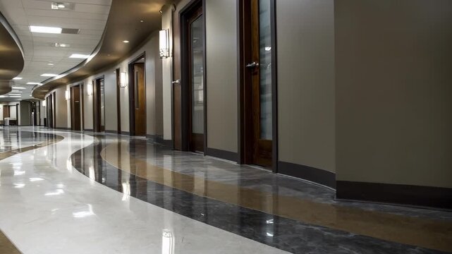 Medical office hallway curved into a loop showcasing door alignments and pathway width with focused center path and softened edges for a fluid circulation feel.