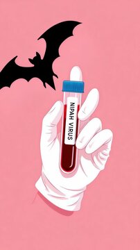 Stylized medical gloved hand holding test tube labeled Nipah virus with black bat silhouette in background symbolizing virus origin and zoonotic disease threat on soft pink backdrop