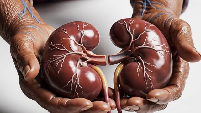 Human kidneys in hands isolated on white background