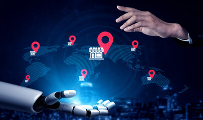 Obraz premium A robotic hand reaches towards a virtual map showcasing retail locations, symbolizing the integration of technology in global business strategy and commerce. Gantry