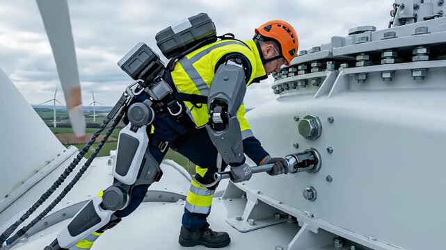 Engineer wearing an advanced powered exoskeleton performing maintenance duties on top of a wind turbine, tightening a large bolt with a wrench in a modern wind farm with a cloudy sky backdrop