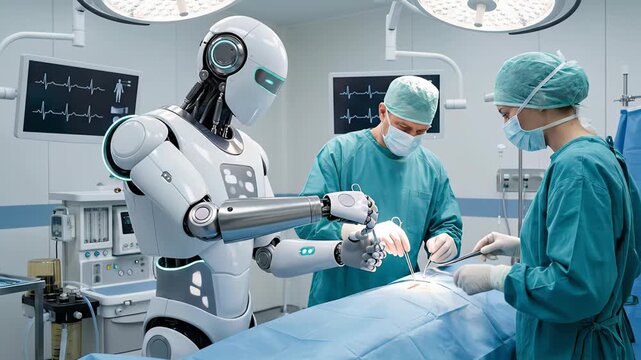 Advanced ai robot surgeon working with doctors and nurses in a high tech operating room, performing a delicate procedure and showcasing precision robotics in modern healthcare