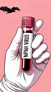 Blood sample labeled Nipah Virus held in gloved hand with flying bats in background, representing zoonotic disease transmission, viral outbreak risk, emerging pathogen threat, medical response