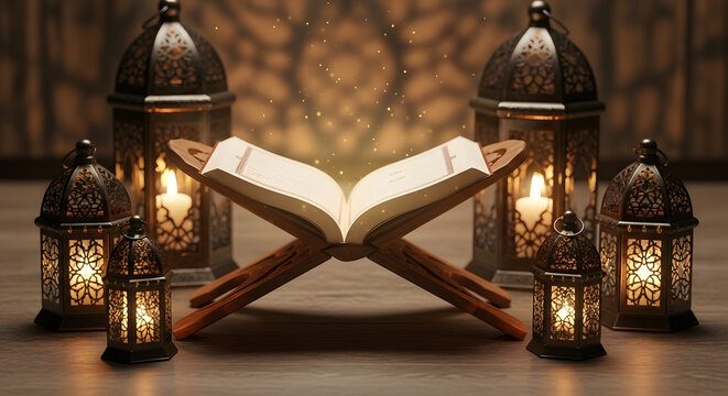 Open quran book resting on wooden stand surrounded by traditional islamic lanterns with glowing candles creating spiritual atmosphere for holy month of ramadan kareem celebration