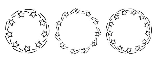 Fototapeta premium Hand drawn doodle Shooting stars frames. Stars wreath set. Circle Outline stars frames. Vector flat illustration for apps, websites
