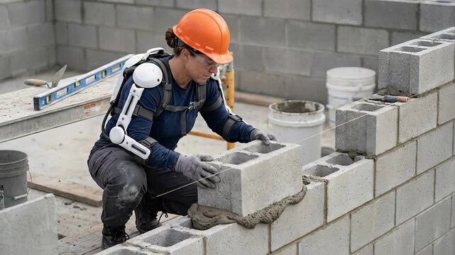 Focused female construction worker wearing an advanced powered exoskeleton carefully placing a concrete block on a mortar bed to build a new wall at a construction site