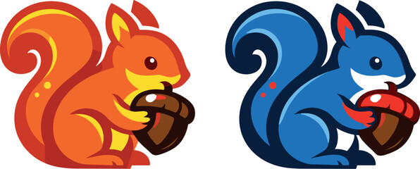 Two-Color vector icons of squirrel with nut: squirrel body, curved tail, nut shape, paw arc, ear tip, contour stroke, tiny speck,
