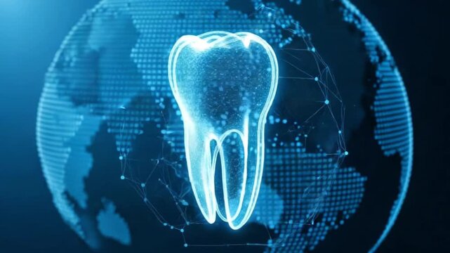 Glowing blue tooth on a dark background with a world map and network connections