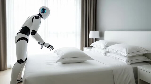 Advanced humanoid robot performing housekeeping duties, carefully arranging and fluffing a pillow on a neatly made bed in a contemporary hotel room, showcasing the future of domestic service