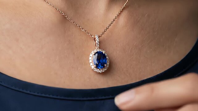 Close up of a woman's neck as she gracefully touches a beautiful gold necklace featuring a stunning blue sapphire pendant surrounded by a halo of sparkling brilliant cut diamonds