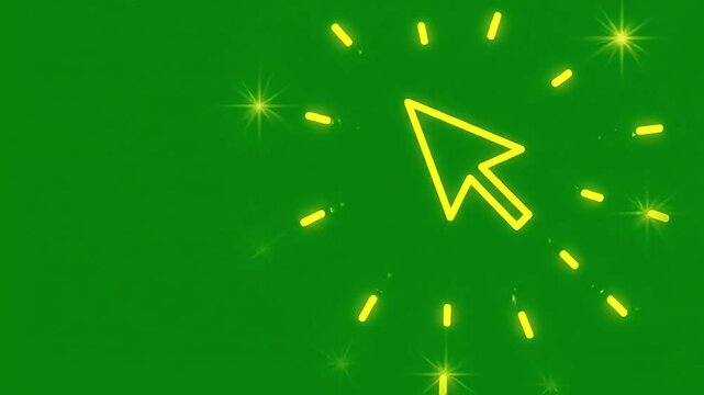 Animated glowing yellow computer mouse cursor clicking and sparkling on a vibrant green background, digital interface concept 4k video