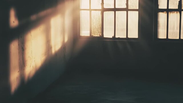 Faint sunlight rays illuminating an empty, dusty room, casting strong shadows from the old window frame onto the textured wall and floor, creating a stark contrast of light and darkness