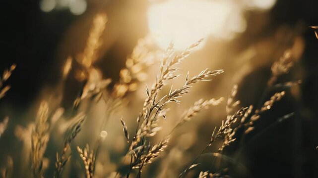 Wild grass spikes sway gently against a dark, blurred background, illuminated by a warm, golden sun flare creating a peaceful, natural, and atmospheric scene