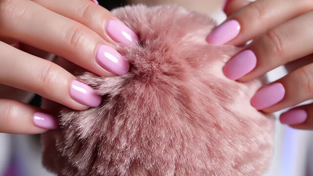 Woman's hands with a perfect pink manicure gently stroking a soft, fluffy pom pom, creating a soothing tactile sensation for an oddly satisfying and relaxing asmr video concept. ASMR