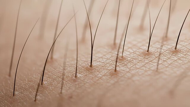 Microscopic view of human skin with hairs standing on end, showing the phenomenon of goosebumps or piloerection in an extreme close up, illustrating a physical reaction to stimuli