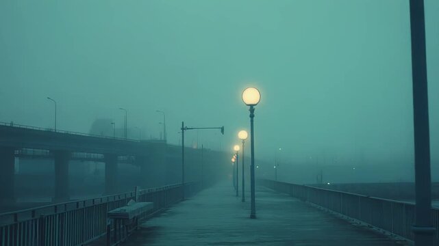 Foggy waterfront promenade with glowing streetlights and empty railing fading into mist beside a bridge and calm water at dusk, moody teal blue solitude and vanishing perspective