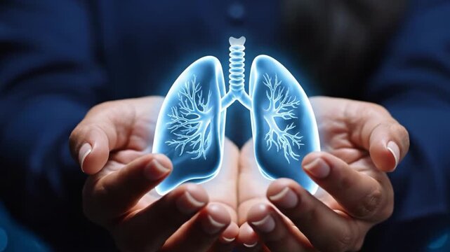 Glowing blue lungs in cupped hands for organ donation awareness