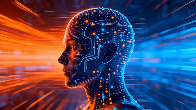 Cybernetic human head with glowing circuits
