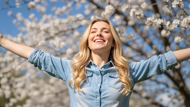 Happy young woman smiling with arms outstretched in a spring park. Joyful female enjoying sunlight and freedom outdoors with blooming trees in the background