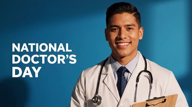 National doctors day with smiling doctor on blue background