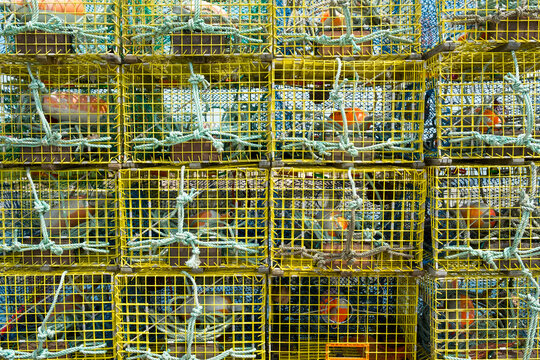 Kennebunkport, Maine, USA. Lobster cages on the fishing dock.