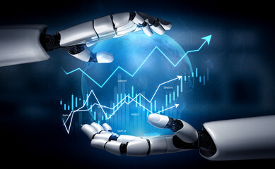 Futuristic robotic hands cradle a glowing globe showcasing dynamic financial graphs and upward...