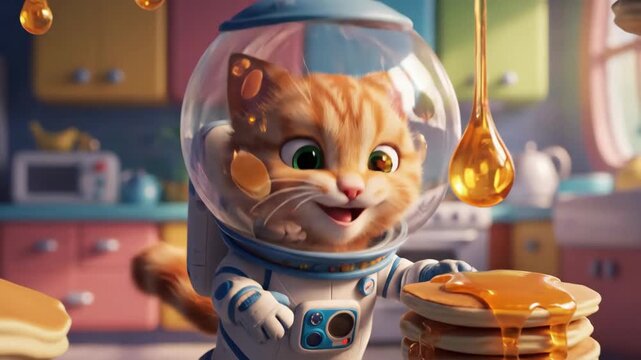 Adorable ginger cat astronaut in a space helmet reaching for a stack of pancakes dripping with golden honey in a whimsical kitchen setting perfect for children's content or fun advertising campaigns