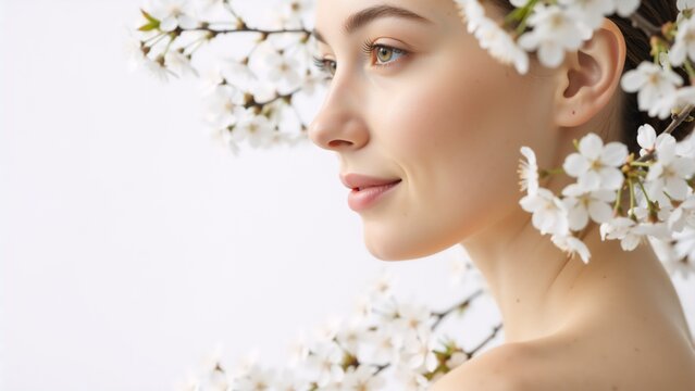 Young woman with perfect skin in profile surrounded by spring blossoms. Natural beauty and skincare concept with cherry flowers. Copy space for text