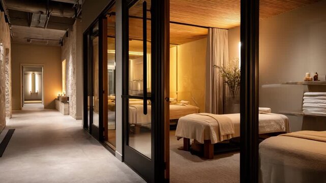 Medium shot of a multiroom massage studio highlighting soundproof glass partitions and warmly lit heated massage tables with towel stacks slightly blurred.