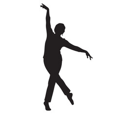 Elegant female ballet dancer in graceful pose silhouette. Woman in dance attire with raised arms and crossed legs, demonstrating classic ballet form and artistic expression