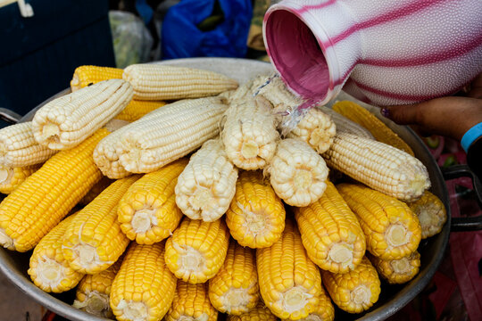 Antigua, Guatemala. Street food, yellow and white corn for sale
