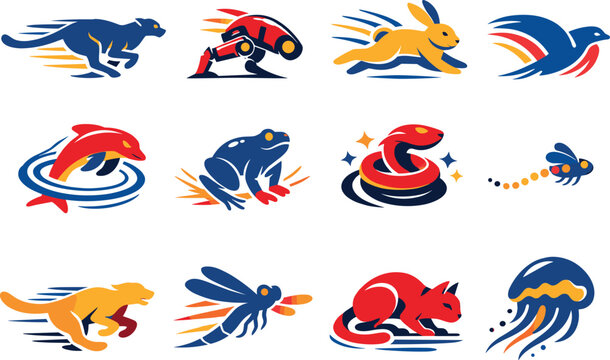 Two-Color vector icons of motion-enhanced creatures: boosted leg arc, flex hinge, jump stripe, glide curl, ripple ring, push-off