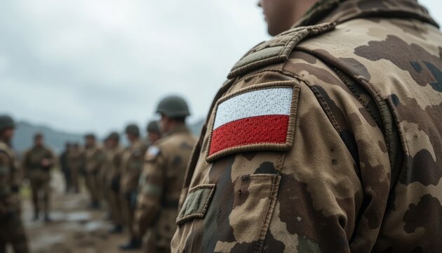 Polish soldier in camouflage uniform with flag patch