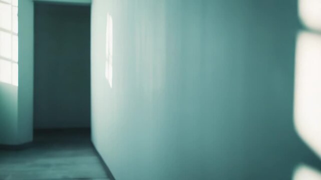 Morning sun streaming through a window, casting intricate shadows on a textured, minimalist wall inside an empty, understated interior space during daylight hours